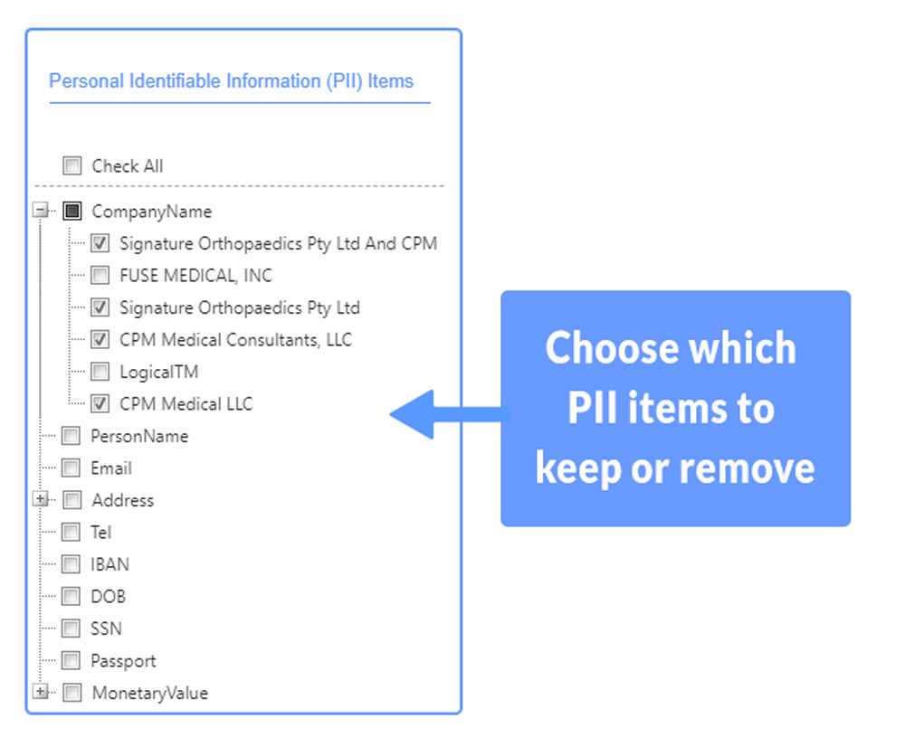 Choose which PII items to keep or remove