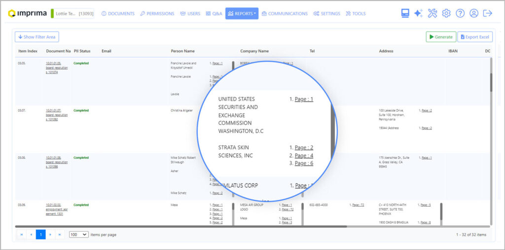 Personally identifiable information report